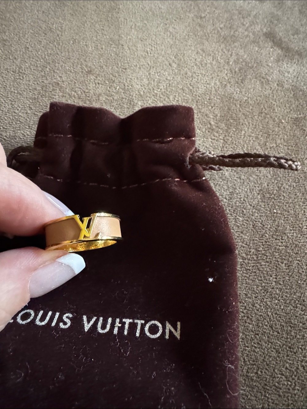 Louis Vuitton Gold and Tan LV Initial Ring